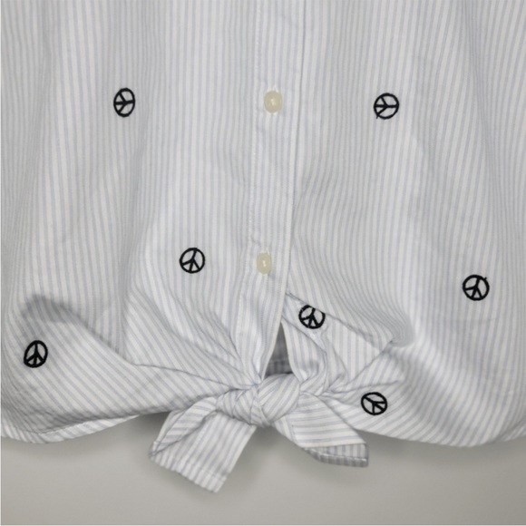 Madewell Embroidered Oversized Peace Sign Short Sleeve Tie Front Striped Shirt - Picture 4 of 13